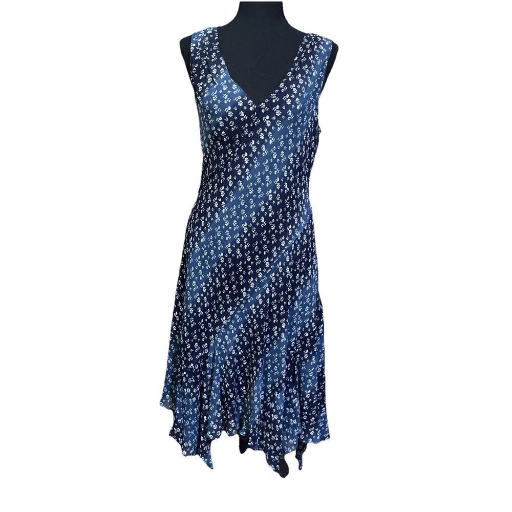Y2K Floral Midi Bias Cut Dress Blue Size Large Fairycore Romantic Chiffon